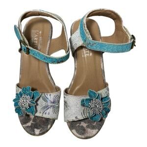 L'Artiste Spring Step Wildcat Ice Multi Leather Sandals Floral Teal Gray 37 US 7